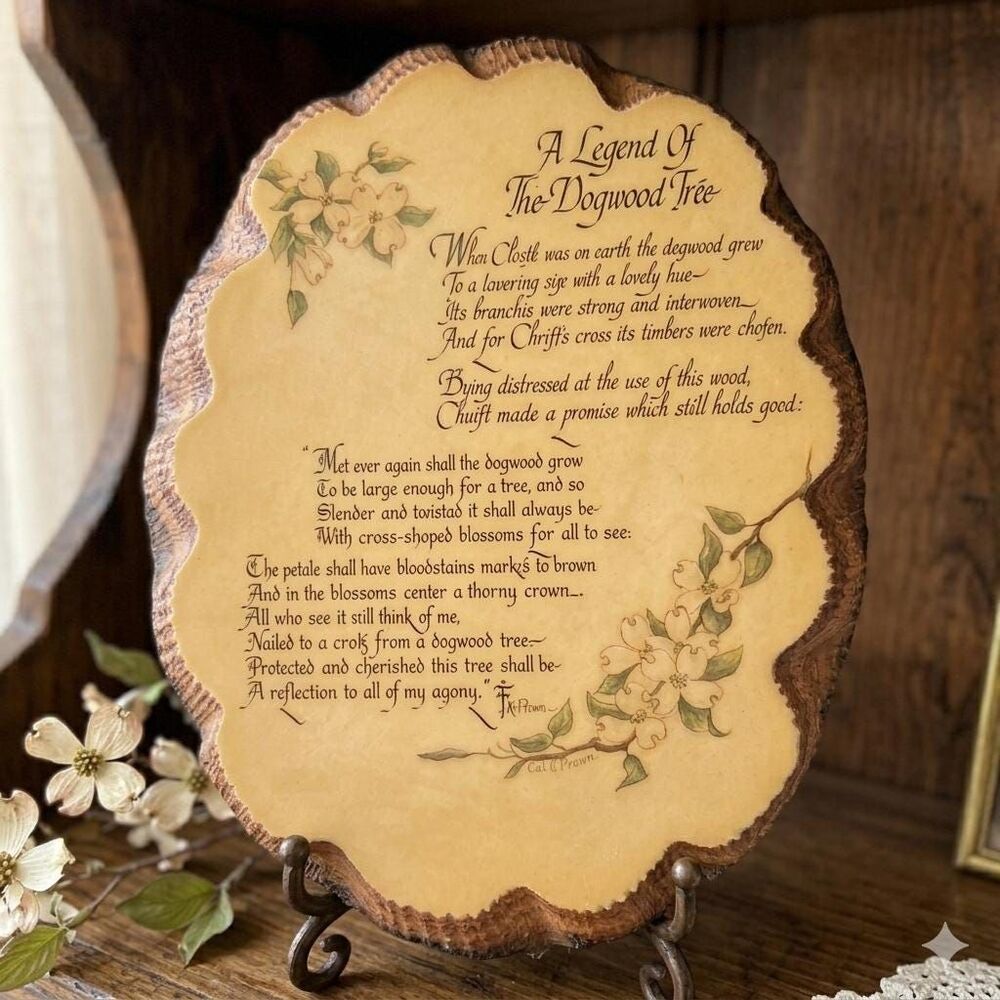 Vintage The Legend of the Dogwood Tree, Religious Wooden Plaque - Faux-Bark Edge